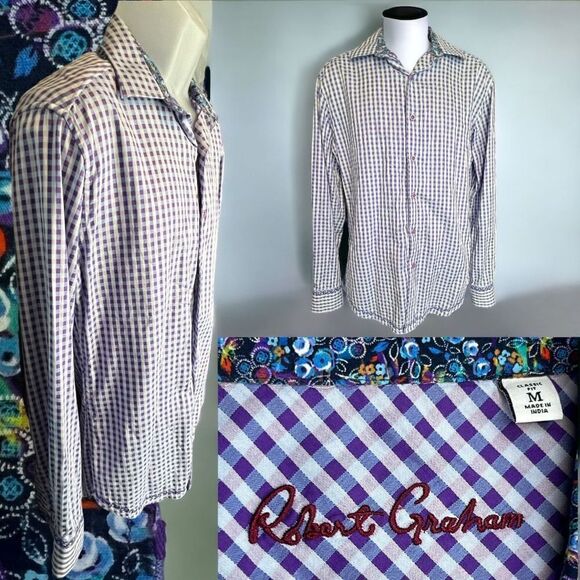 Robert Graham Men's Plaid Check Classic Fit Button-Up Shirt Purple White Medium - Picture 1 of 10